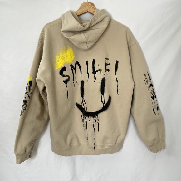 Borns Courtney tan hoodie smile grafiti cotton men's size large pullover sweater - Picture 5 of 6